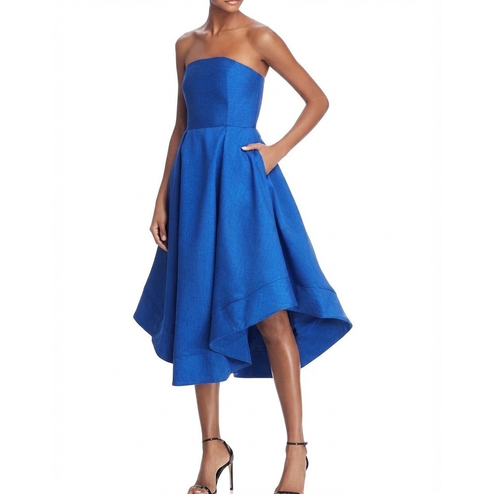 C/MEO Collective Lapis Blue Strapless High Low Midi Dress Size XS US 2 Pockets